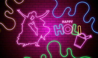 Dancing couple character with colorful lettering of holi in neon lighting effect.