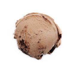 Chocolate ice cream ball isolated on white background, top view