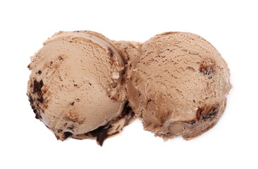 Chocolate ice cream balls isolated on white background, top view