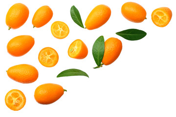 Cumquat or kumquat with leaves isolated on white background. top view