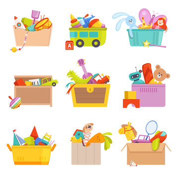 Toys box. Gifts for kids in package many toys car rocket train vector cartoon illustrations. Rocket and car, train and bear, ball and airplane