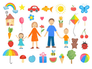 Kids drawings. How to draw little childrens pencil colored crayon hand drawn toys smiling peoples funny pictures vector illustrations. Drawn family mother father with children smile, drawing toys