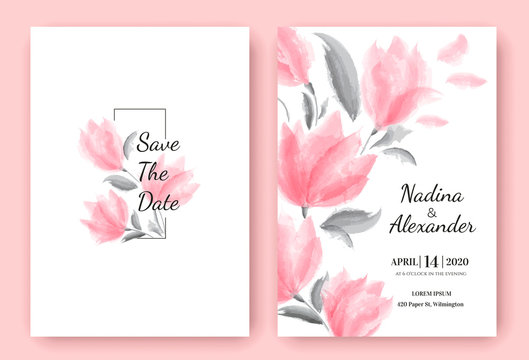 Floral wedding invitation card template design, beautiful pink flowers, pastel vintage theme. Vector illustration
