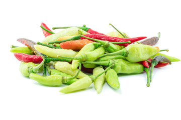 Red and green hot chili peppers isolated on a white background