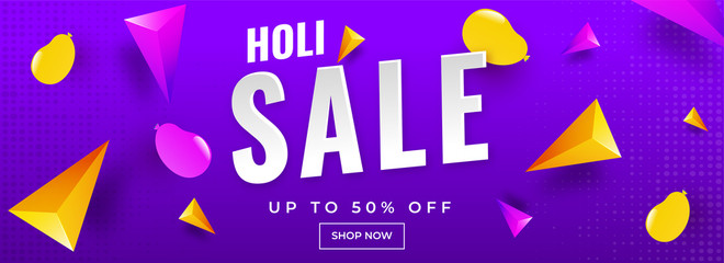 Holi sale banner or poster design with balloons and abstract elements on glossy purple background.