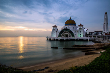 Fototapeta na wymiar Melaka Straits Mosque at sunset, Malacca Island, Malacca City, Malacca, Malaysia