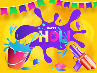 Creative color text of Holi festival poster or flyer design with color bucket and water gun on glossy colorful background.