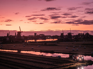 Traditional Windmills in the Netherlands while sunset