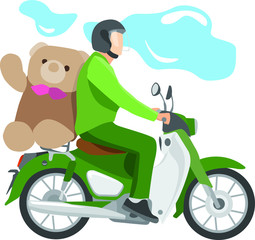 Motorbiker riding a teddy bear