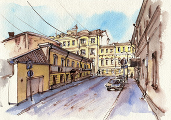 Fototapeta na wymiar City landscape. Sketch ink and watercolor