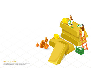 Invest In Gold concept based landing page design, isometric gold bar with coin stacks, miniature people investing their money in gold.