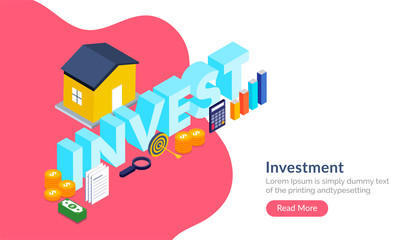 Property Invesment concept, 3d text Invest with inforgraphic elements. Responsive template design.