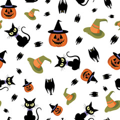Vector halloween cats, pumpkins, bats and witch