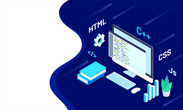 Isometric illustration of desktop with different programing languages signs and multiple business elements on blue background for software development programming concept.