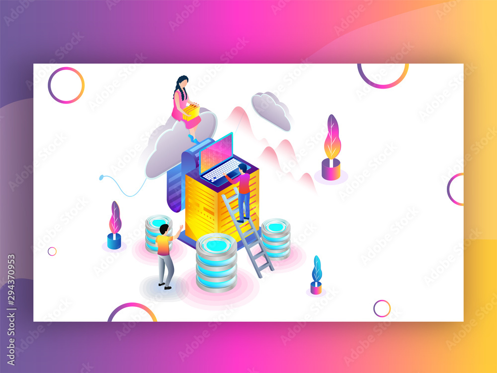 Canvas Prints isometric illustration of analysts analysis data on laptop and cloud server for data center concept.