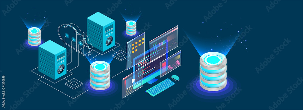 Poster isometric desktop connected to servers and database on blue background for data center concept based