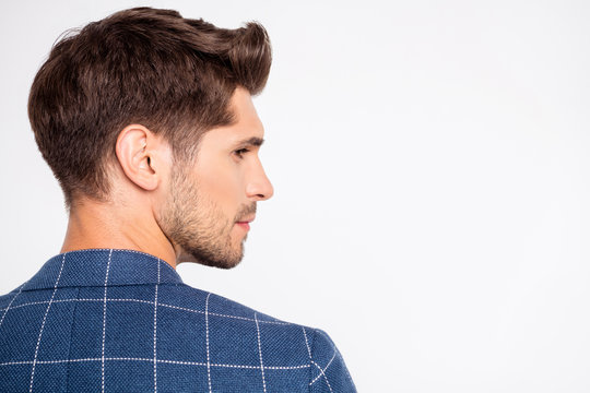 Close-up rear back behind profile side view portrait of his he nice attractive bearded calm content well-groomed freelancer wearing blue checked blazer isolated over light white pastel background
