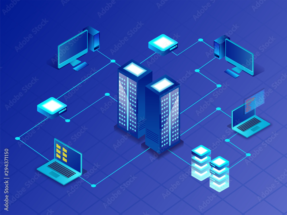 Wall mural 3d illustration of main server connected with computer, laptop and mini servers for data management 