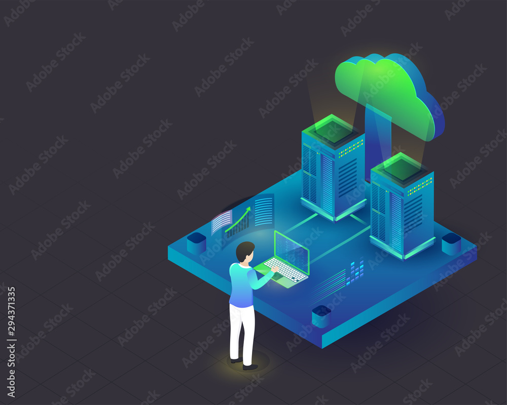 Wall mural 3d data server connected with cloud server, man analysis the data, isometric design for data managem