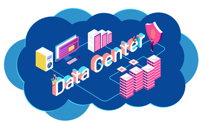 Data center or data protection concept, 3d illustration of local servers connected to desktop, futuristic technology of fingerprint scanner on abstract background.