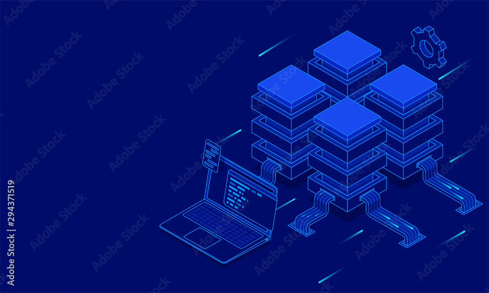 Canvas Prints data center concept, isometric local servers connected to laptop on blue background with space for y