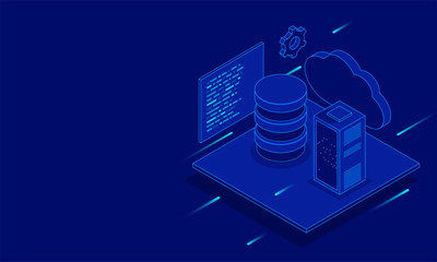 3D illustration of cloud server connected to database on blue background for Data Center concept based isometric design.