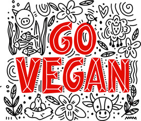 go vegan hand drawn lettering and cute animals doodle