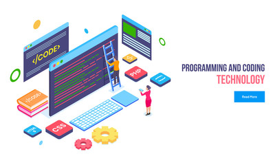 Programming and Coding Technology concept, miniature programmer fixing the problem, website under maintenance and illustration of equipments on white background.