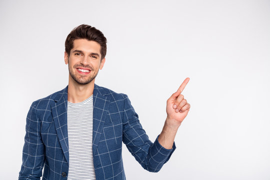 Portrait of his he nice attractive cheerful cheery glad content successful businessman hr wearing checked blazer showing copy space follow subscribe isolated over light white pastel background