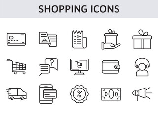 Set of 15 shopping icon in line art.