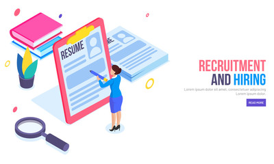 Lady employer analysis resume data, isometric design for responsive web template for Recruitment and Hiring concept.