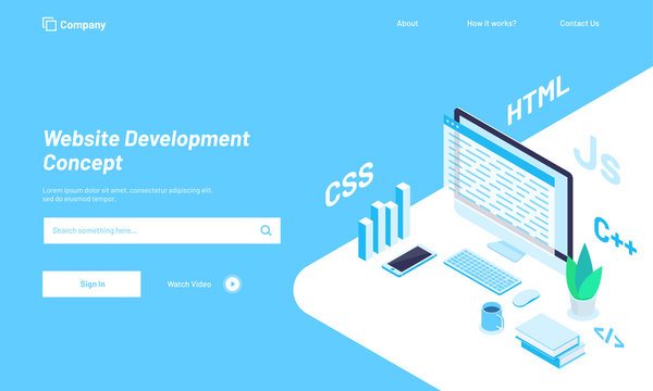 Isometric illustration of desktop with  different programing languages or work place of a developer, Website Development concept hero image design.