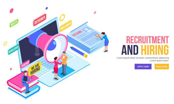 Recruitment or Hiring concept based landing page design with isometric laptop, vacancy announcement for multiple designation, lady employer analysis resume.