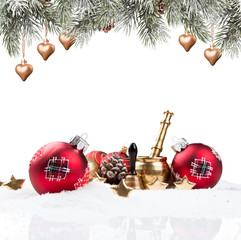Christmas red balls in snow with celebration thing isolated on white background. 