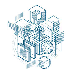 Abstract 3d shapes composition, vector isometric background. Composition of cubes, hexagons, squares, rectangles and different abstract elements.