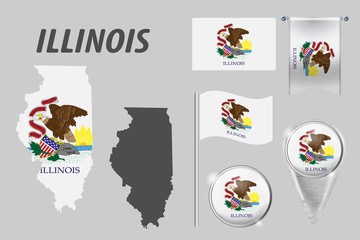ILLINOIS. Set of national infographics elements with various flags, detailed maps, pointer, button and different shapes badges. Patriotic 3d symbols for Sport, Patriotic, Travel, Design, Template