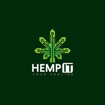 Techy Logo Hemp It, With Geometry Leaf Of Cannabis And Circuit Vector