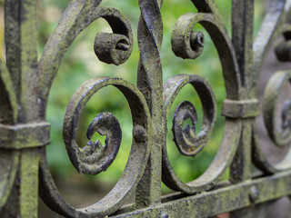 Vintage Forged gate church with green patina and moss against the green field. Old castle forged fence