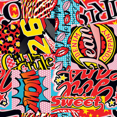 Abstract comic patchwork pop art style vintage vector seamless pattern  - obrazy, fototapety, plakaty