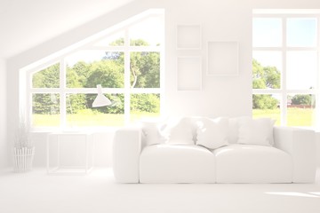 Mock up of stylish room in white color with sofa and green landscape in window. Scandinavian interior design. 3D illustration