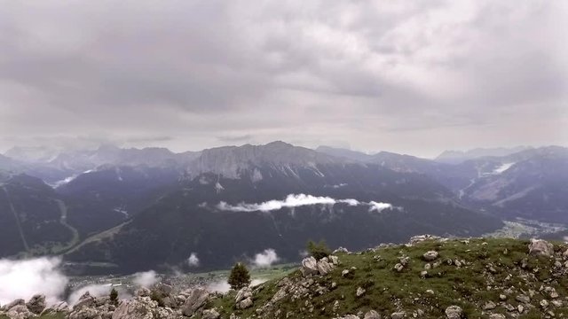 Dolomites Val di Fassa aerial view, hiking trail "Vial de le Feide" or "Sentiero delle Pecore", beautiful excursion in the center of the Catinaccio Group  mountains