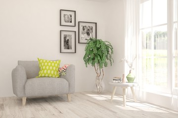 Stylish room in white color with armchair. Scandinavian interior design. 3D illustration