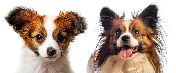 cute papillon puppy and adult dog isolated over white background
