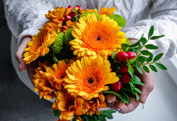A bouquet of bright orange and yellow gerberas, chrysanthemums and red berries in the palms of the hands is held by someone in a white cozy knitted sweater