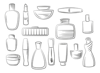 Set of Cosmetic Accessories Toiletry Perfume, Lipstick, Shampoo and Others Black Contours Isolated on White Background. Vector