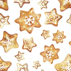  Ontbijtkoek. Hand getekende aquarel naadloze patroon traditionele koekjes met poedersuiker, peperkoek ster en sneeuwvlok. Elementen voor vakantie, kaarten, inpakpapier. © Tatiana 