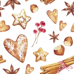 Printed kitchen splashbacks Watercolor set 1 Gingerbread. Hand drawn watercolor seamless pattern traditional cookies with icing sugar, gingerbread star,  heart, berries, cinnamon, nuts and ect. Elements for holiday, cards, wrapping paper.