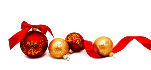 Christmas decoration red and gold yellow balls with ribbon isolated