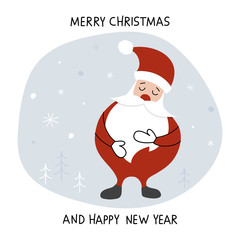 Creative hand drawn card with cute Santa Claus: Happy New Year and Merry Christmas. Vector illustration for winter holidays and Christmas design