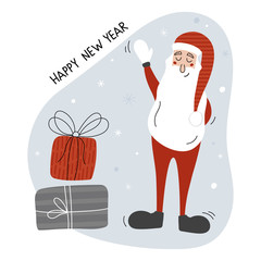 Creative hand drawn card with cute Santa Claus and gifts: Happy New Year and Merry Christmas. Vector illustration for winter holidays and Christmas design